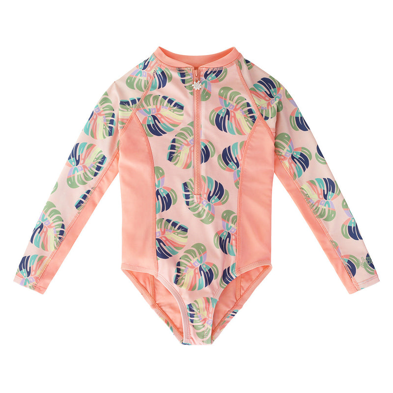 girl's long sleeve swimsuit in rainbow leaf|rainbow-leaf