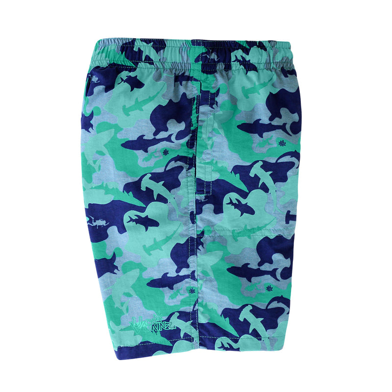 side view of the boys beach shorts in ocean camo|ocean-camo