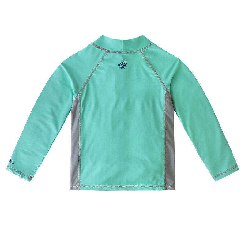 Back of the boy's long sleeve active swim shirt in mint tiger shark|mint-tiger-shark