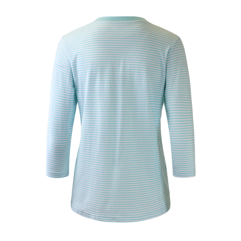 Back of the Women's 3/4 Sleeve V-Neck R&R Tee in Glacier Stripe|glacier-stripe