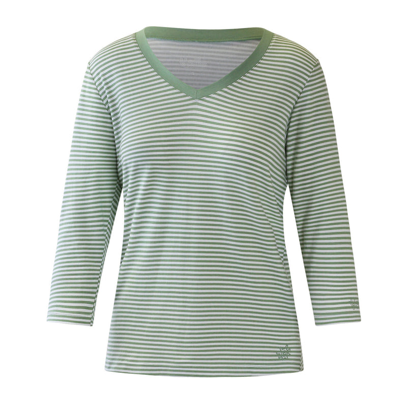 Women's 3/4 Sleeve V-Neck R&R Tee in Sage Stripe|sage-stripe