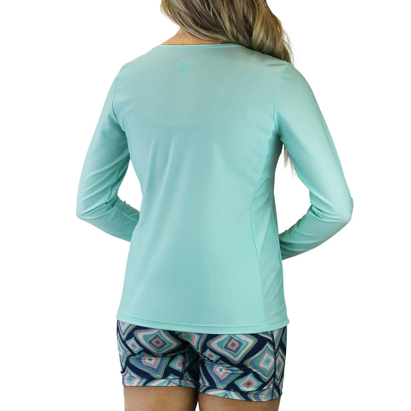 back of the women's long sleeve crew swim shirt in beach glass|beach-glass