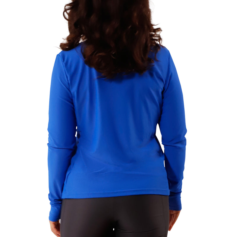 back view of women's long sleeve crew swim shirt in deep sea|deep-sea