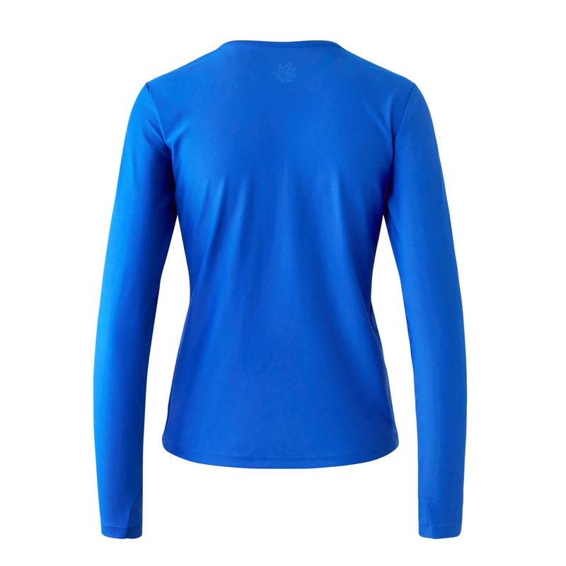 back of the women's long sleeve crew swim shirt in deep sea|deep-sea