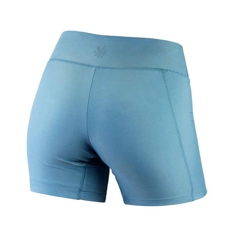 back view of the women's swim shorts in lagoon|lagoon