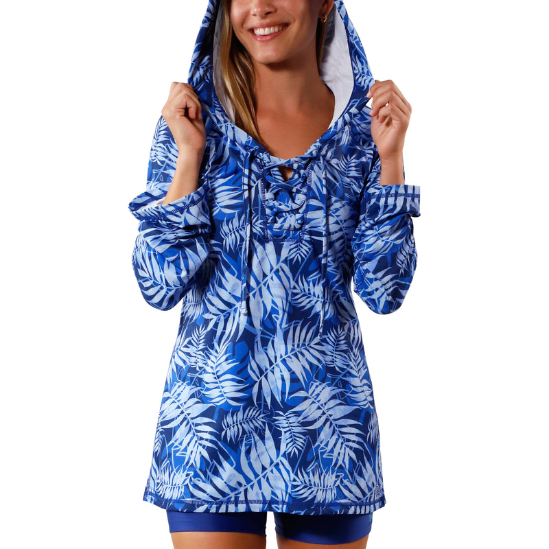 Hood up view of Women's Hooded Beach Cover Up in Navy Blue Palms|navy-blue-palms