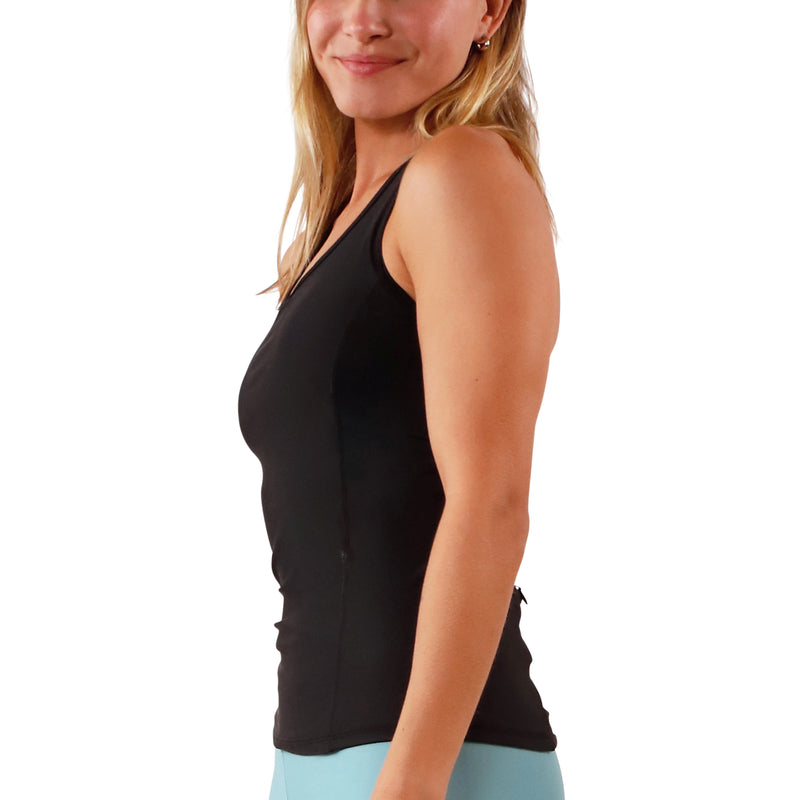 side view of women's swim tank in black|black
