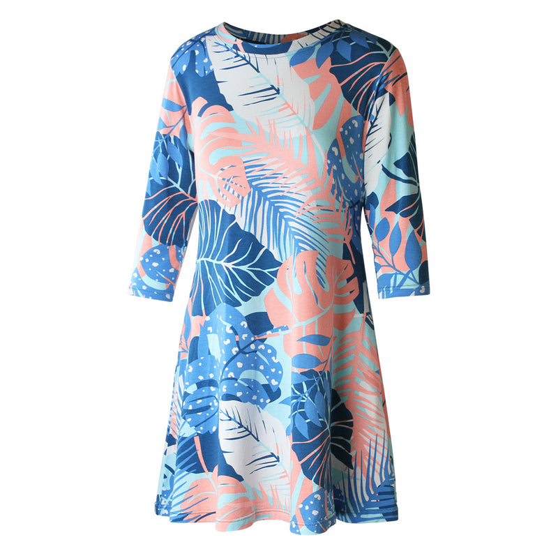 Women's 3/4 Sleeve Swing Dress in Ocean Botanical|ocean-botanical