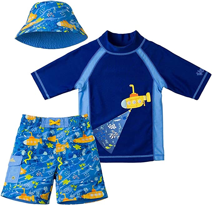 UV Skinz's boy's matching three-piece swimsuit set in navy blue submarine|navy-blue-submarine