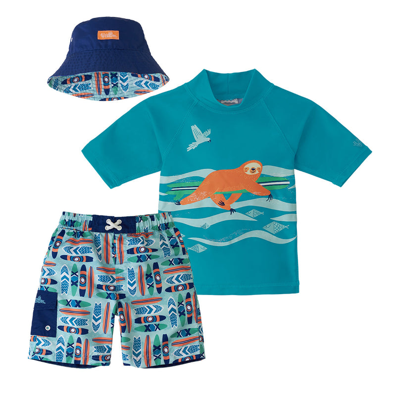 boy's matching three-piece swimsuit set in blue surfing sloth|blue-surfing-sloth