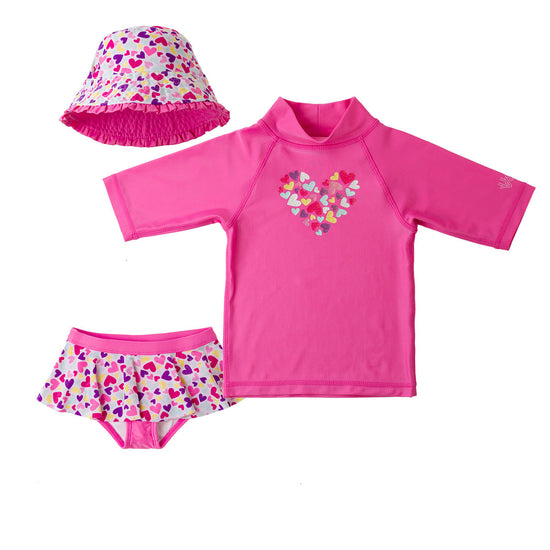 girl's three piece swimsuit set in bubblegum hearts|bubblegum-hearts