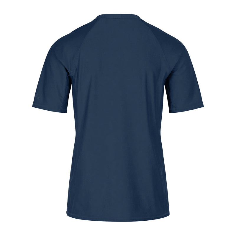 back view of the men's short sleeve swim shirt in midnight|midnight