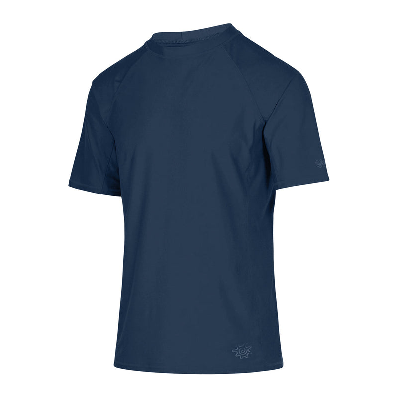 side view of the men's short sleeve swim shirt in midnight|midnight