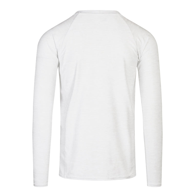 Back view of UV Skinz's men's long sleeve crew swim shirt in white jaspe|white-jaspe